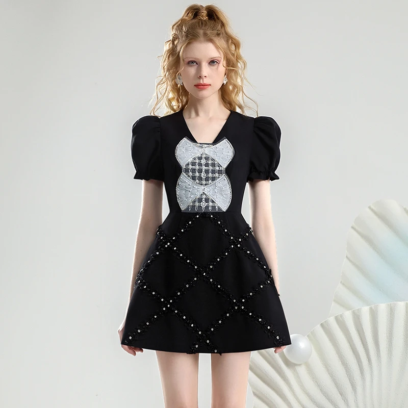 茬客优雅通勤小黑裙夏季钉珠撞色蝴蝶结减龄连衣裙女CM490508