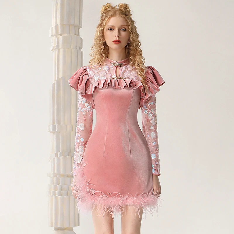 茬客宫廷风复古丝绒连衣裙秋冬中式旗袍领拼接包臀裙裙子CM10357