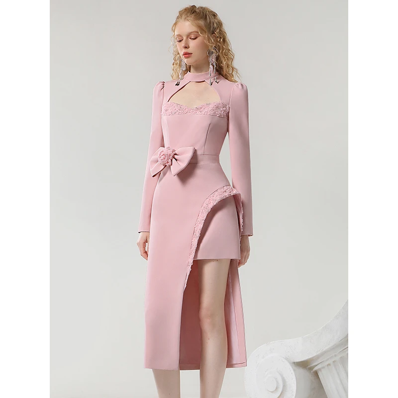 茬客气质感优雅连衣裙秋季不规则设计镂空收腰粉色裙子CM620013