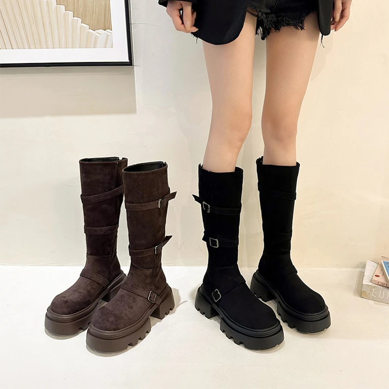 不过膝长筒靴女2025新款秋冬复古棕色长靴小个子厚底高筒骑士靴子