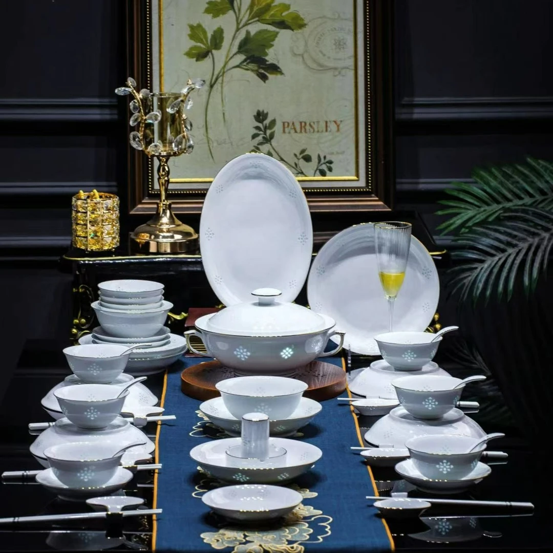 正宗景德镇高白泥纯白玲珑套装高端釉下彩轻奢中式素雅乔迁送礼