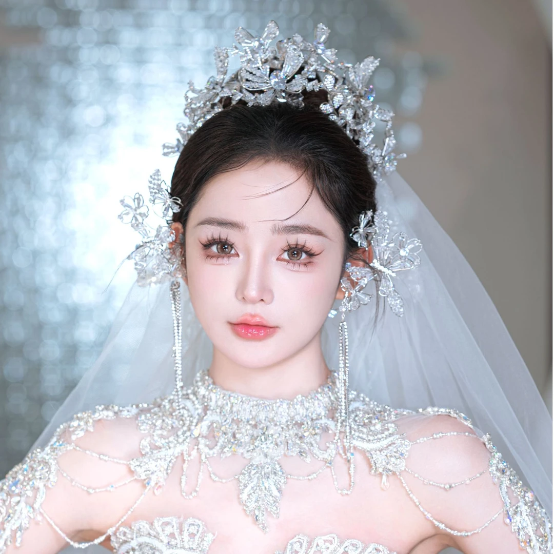 合金仿水晶婚庆饰品 00872 00869新娘皇冠重工水晶头饰水晶耳夹