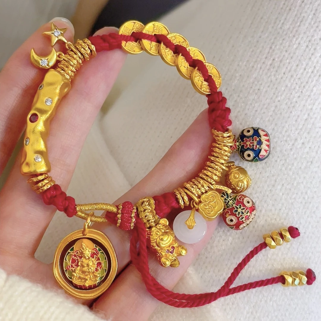 铜合金珐琅手链 新中式国潮古法鎏金【吞金兽五帝钱弯管编绳手链】
