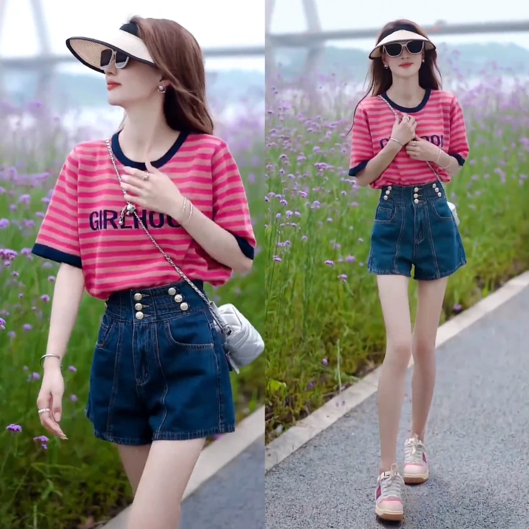 夏季时尚百搭条纹短袖T恤套装女韩版休闲宽松显瘦牛仔短裤两件套