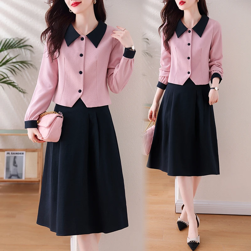 洋气时尚套装上衣半身裙拼接名媛高级长袖连衣裙女秋装减龄两件套