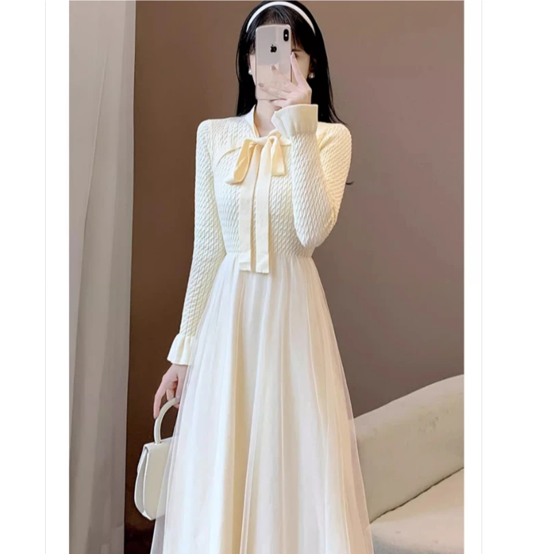 春秋名媛针织毛衣连衣裙仙女气质洋气温柔修身法式网纱收腰打底裙