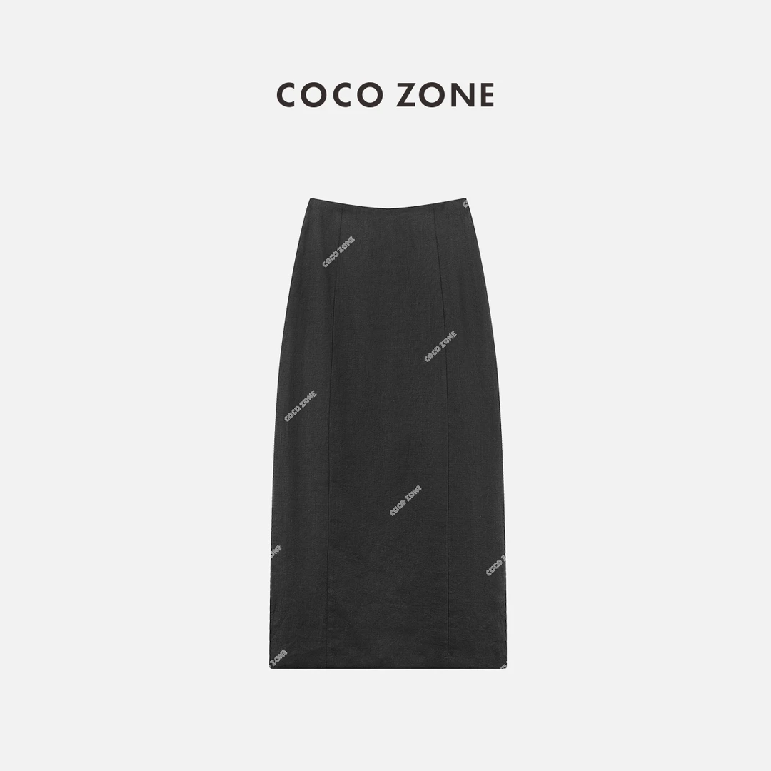 COCO ZONE"麻麻感"时尚简约A字设计感后开叉中长裙 CC1B0723