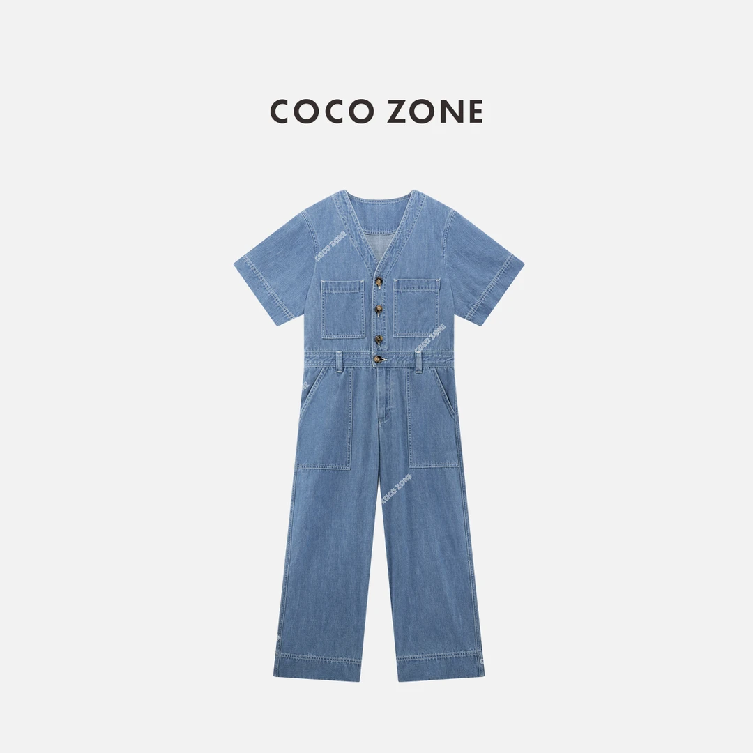 COCO ZONE 刘一一 99.5棉复古牛仔V领工装连体衣直筒裤CD1A1010