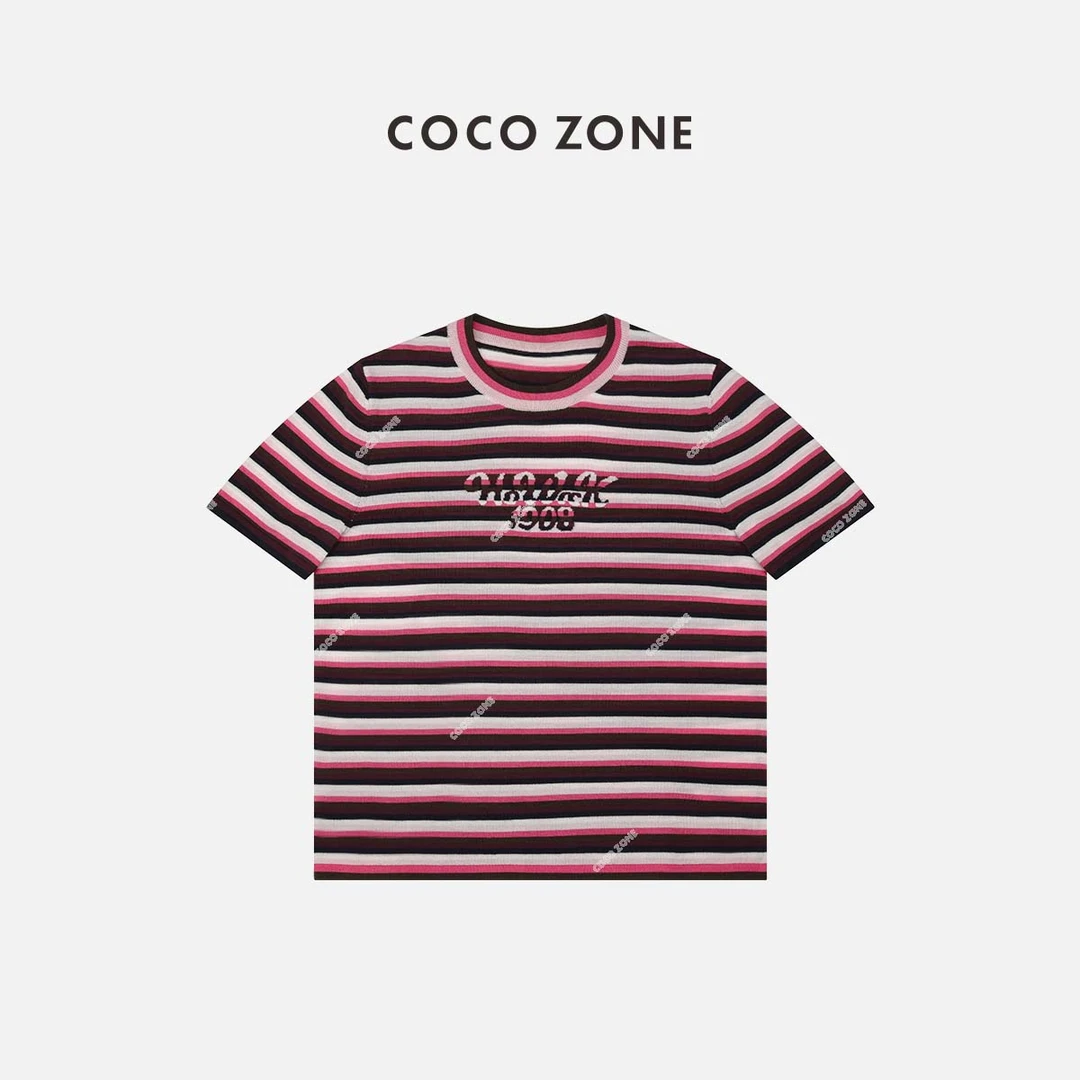 COCO ZONE 刘一一条纹打底衫百搭圆领短袖毛针织衫24C10291