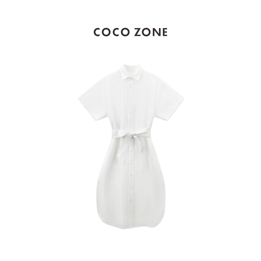 COCO ZONE 刘一一"贵妇麻裙"100亚麻短袖收腰连衣裙 CC2B1010