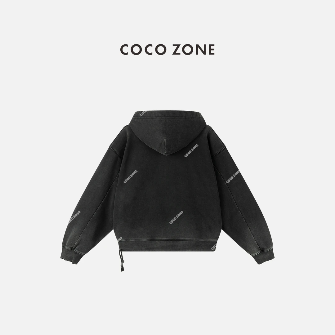 COCO ZONE 刘一一 100棉美式拉链做旧宽松连帽外套CC2C1690