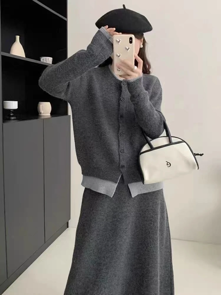 休闲慵懒风高级感气质套装女新款圆领假两件上衣针织半身长裙套装