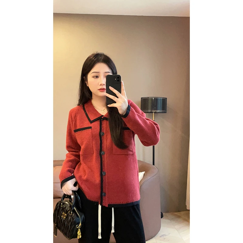 【萌萌】微胖显瘦秋冬时尚正肩翻领气质百搭宽松针织衫S824X18562