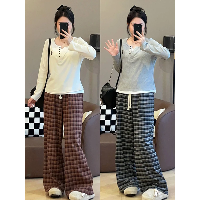 【萌萌】秋冬微胖显瘦毛呢格子阔腿休闲裤时尚百搭通勤裤S824X18443