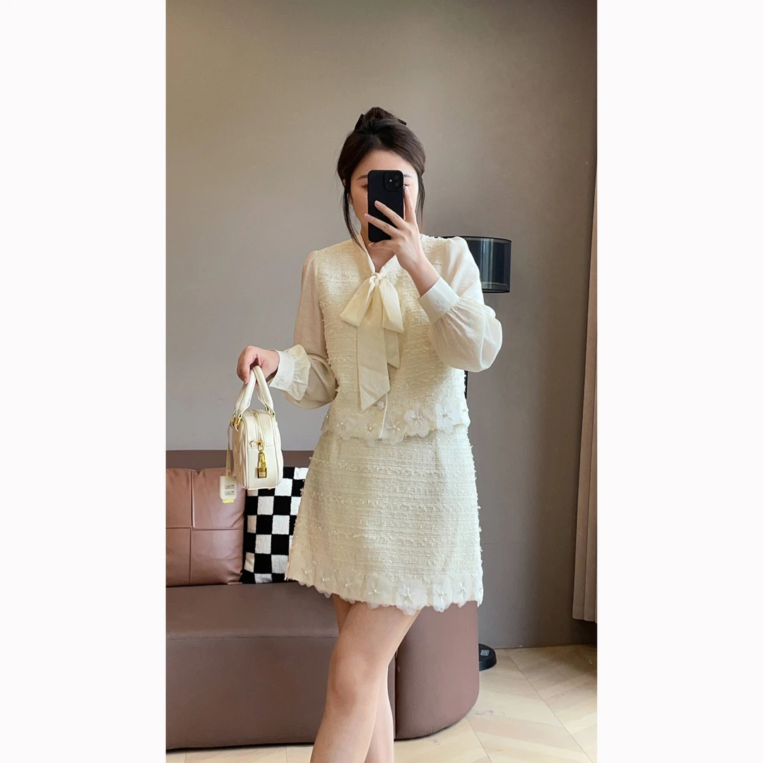 【清清价】小香风精致飘带上衣花朵半身裙秋季显瘦两件套S824X14594