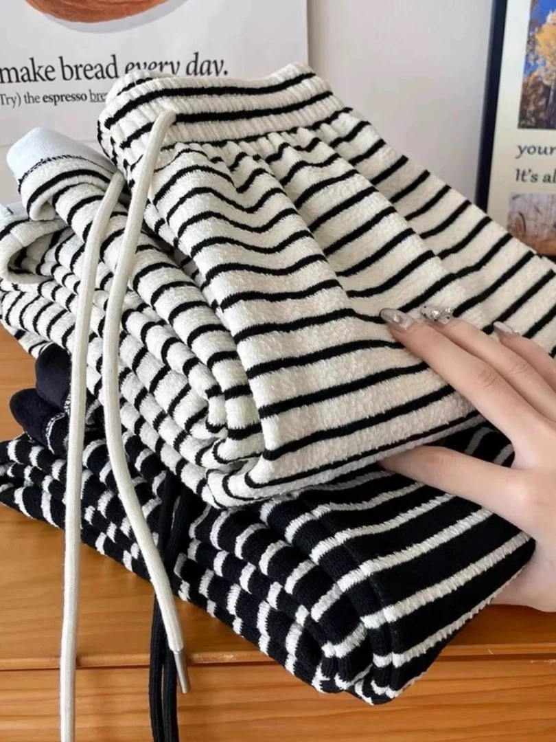 小个子145cm保暖显瘦毛巾绒条纹裤子150加绒高腰休闲阔腿拖地裤女