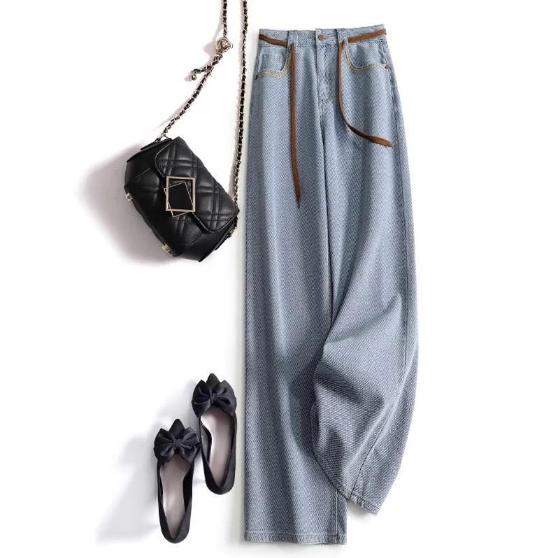 时髦风向标毒家设计师款肌理感高腰牛仔裤女直筒窄版阔腿拖地裤子