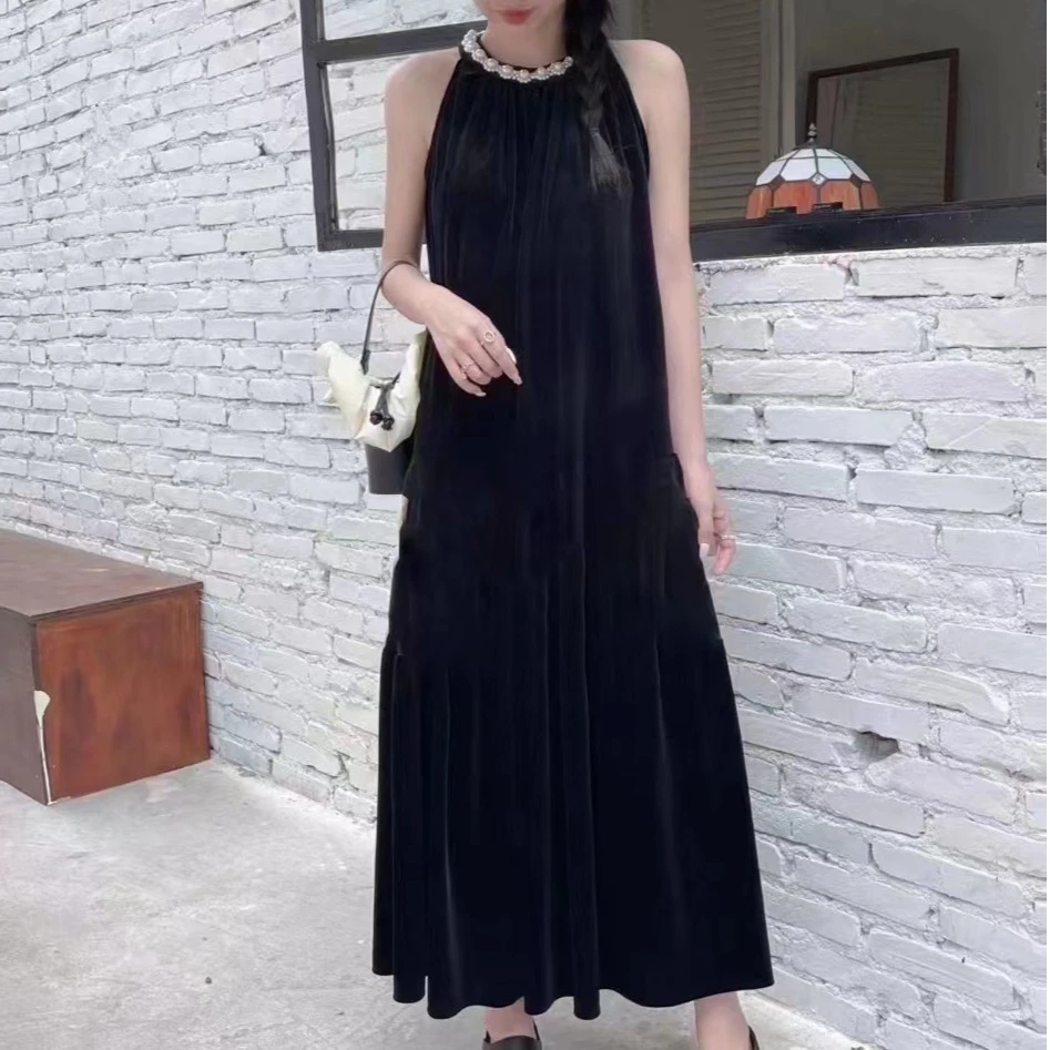 重工钉珠长裙女法式高级感挂脖裙秋超仙季丝绒连衣裙A字裙子ins