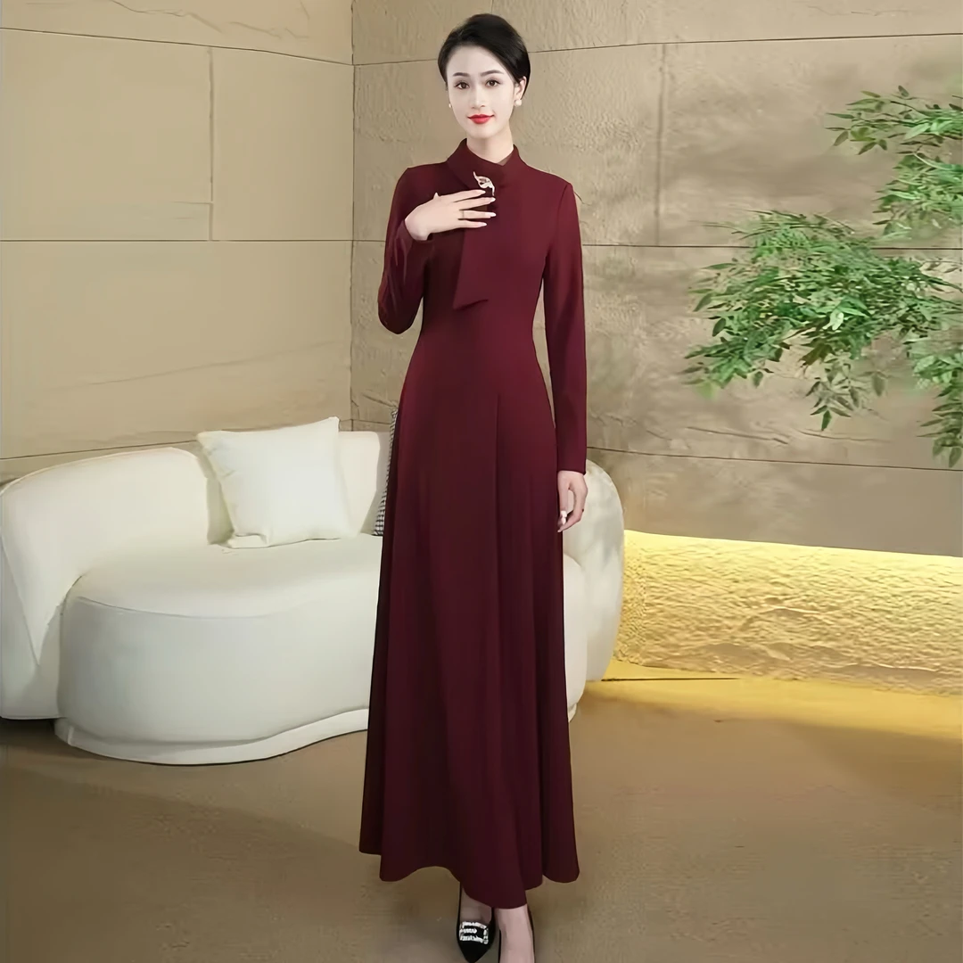 酒红色设计感连衣裙2025秋季新款长裙修身显瘦优雅气质红裙子3015