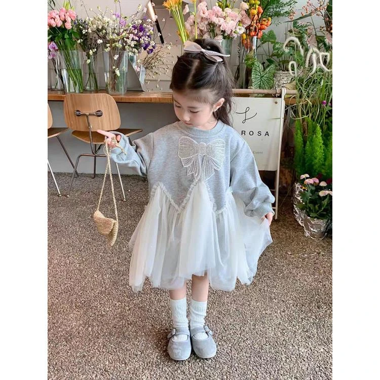 公主童装女童卫衣裙亮片纱网拼接裙子2024新款儿童春秋潮连衣裙