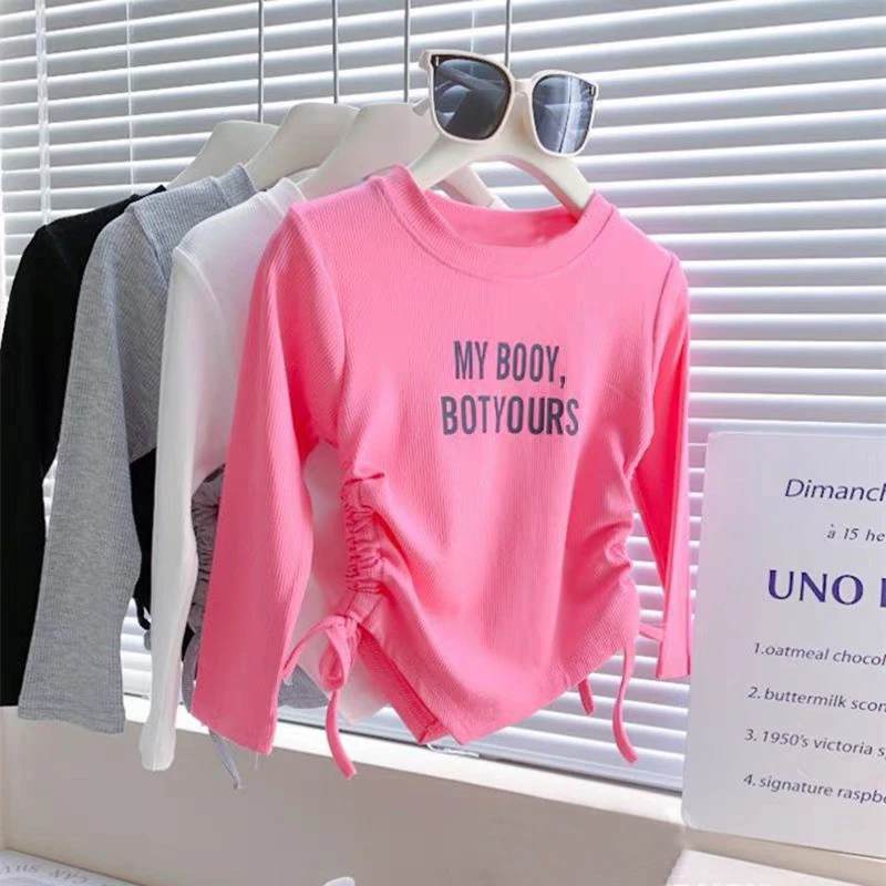 时髦童装2023春秋新款女童韩版双侧抽绳字母印花弹力长袖T恤上衣