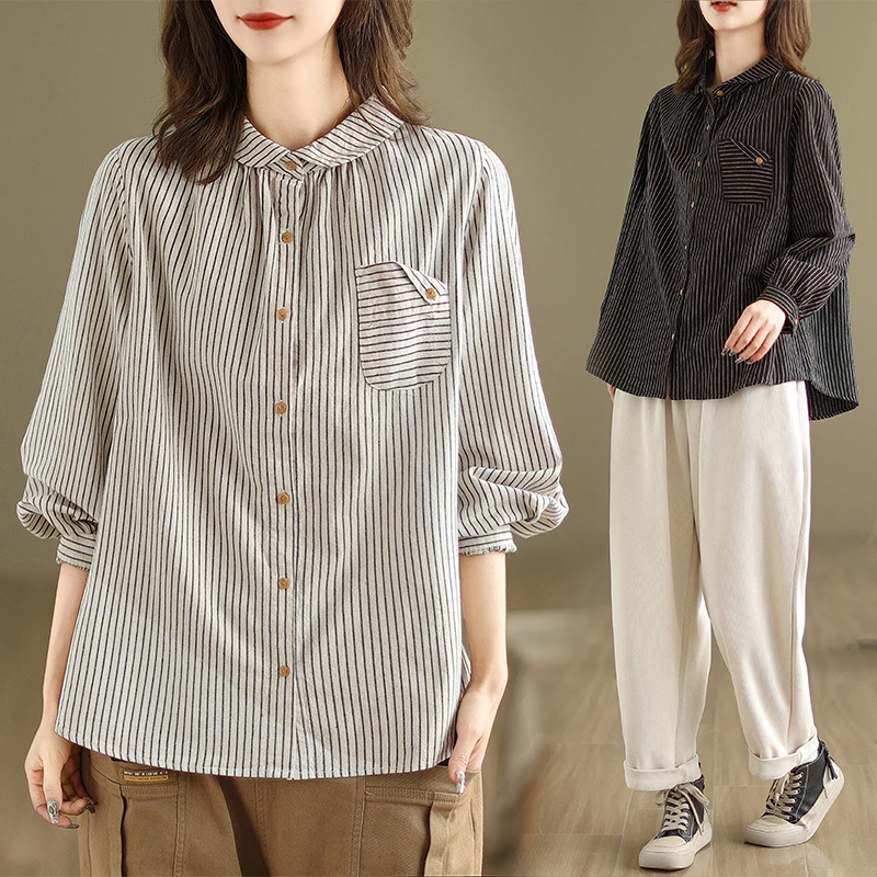 2024春秋新款文艺休闲棉麻大码宽松显瘦条纹长袖衬衣女衬衫上衣