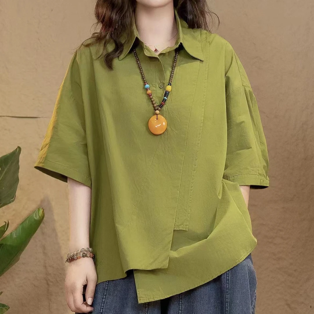 2025夏季新款原版精细全棉不规则拼接下摆衬衫女设计款短袖衬衣女