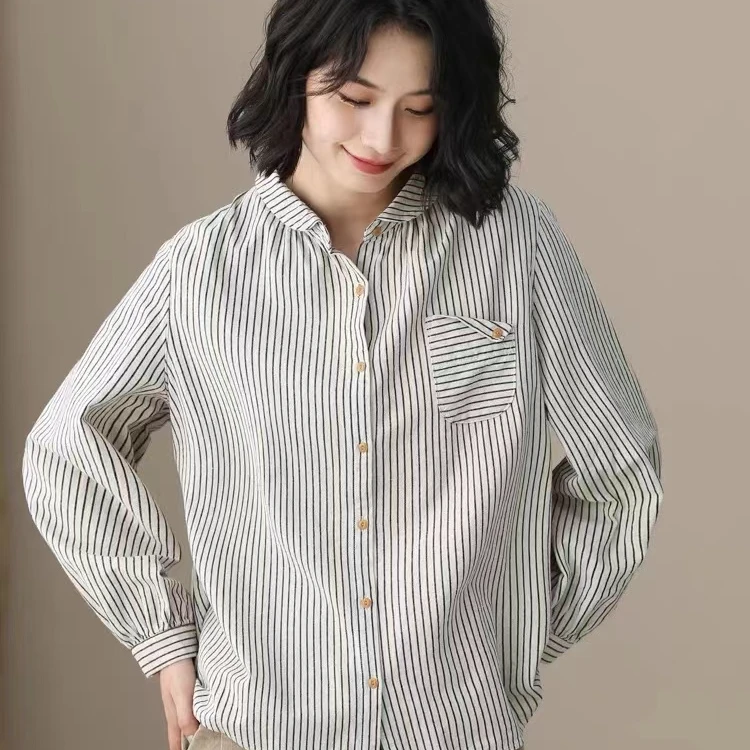 新款彼得潘领复古棉麻长袖衬衫 条纹衬衫女 文艺春秋款打底上衣