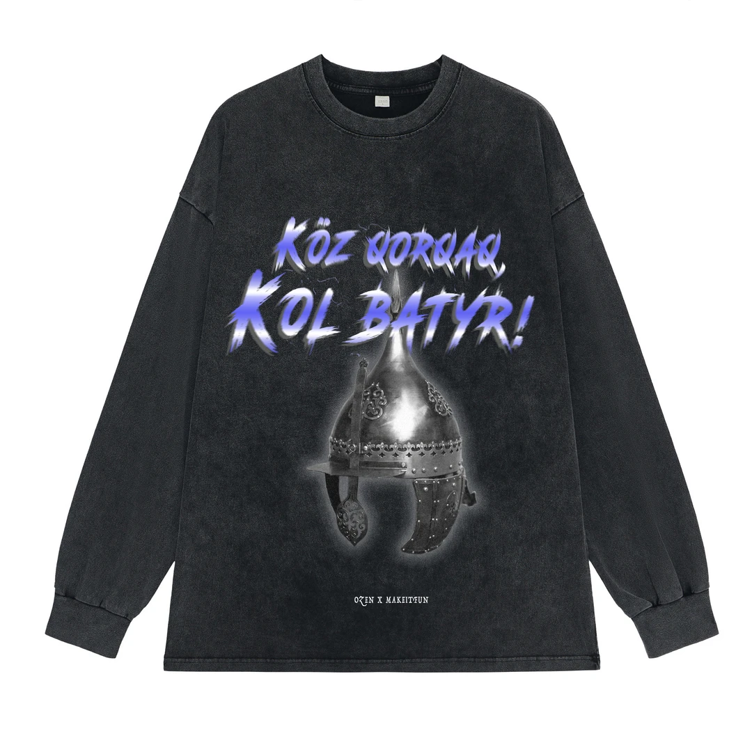 BIRTURLI 长T 盔甲 民族风 水洗做旧 男女 纯棉 宽松 长袖T恤