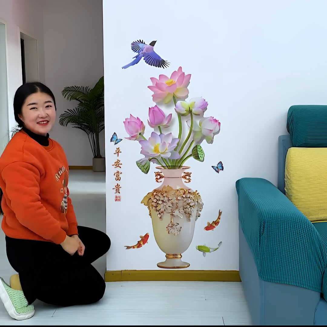 锐春荷花花瓶墙贴画墙壁墙面古韵自粘墙纸卧室贴面粘贴客厅装饰