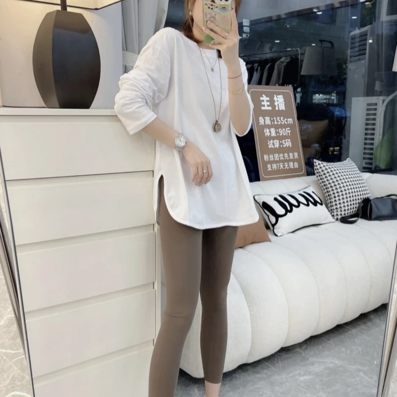 加绒中长款开叉遮屁股打底衫女秋冬小个子长袖t恤搭配鲨鱼裤上衣