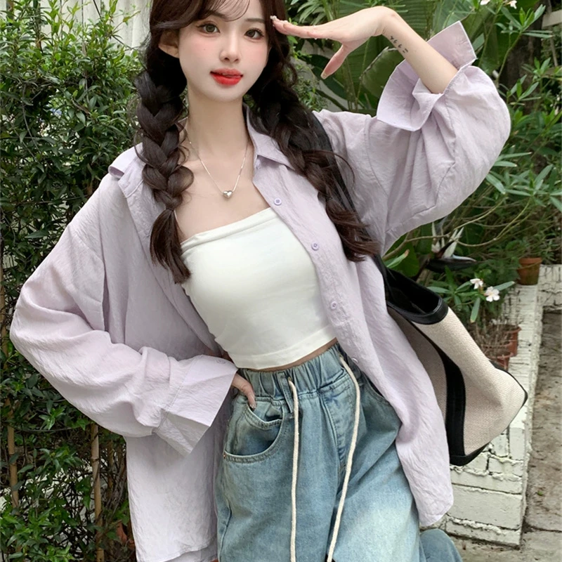 微透长袖防晒衬衫外套女夏季2024新款紫色宽松中长款薄款开衫上衣