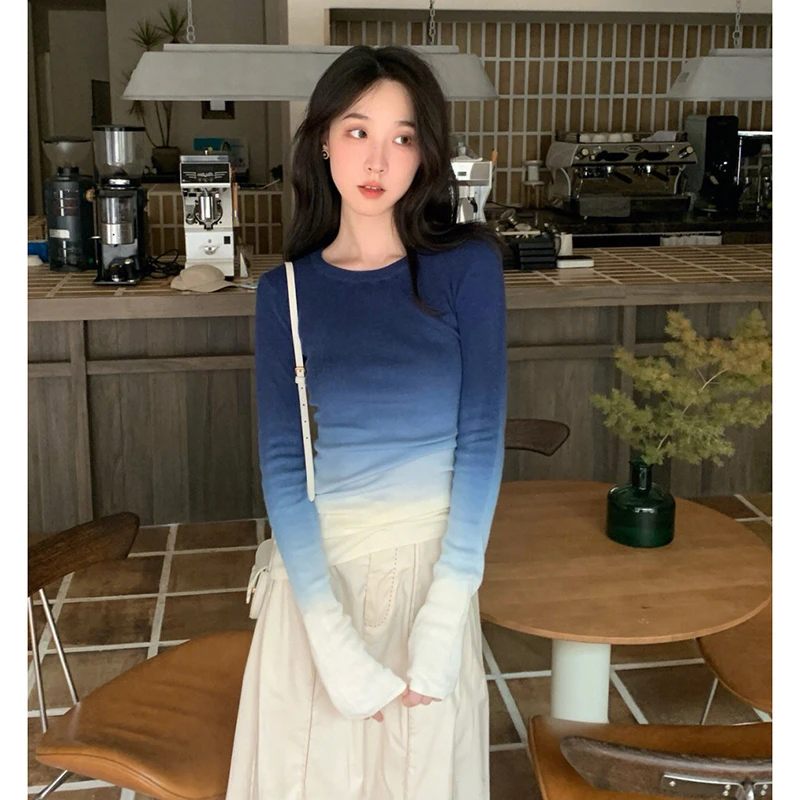 美式渐变蓝色长袖t恤春秋季女设计感小众修身上衣紧身内搭打底衫