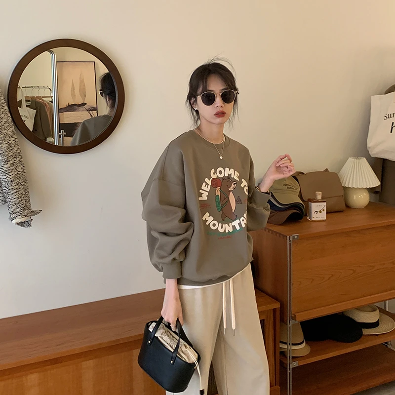 美式圆领加绒卫衣女ins潮2024秋冬新款设计感卡通oversize上衣