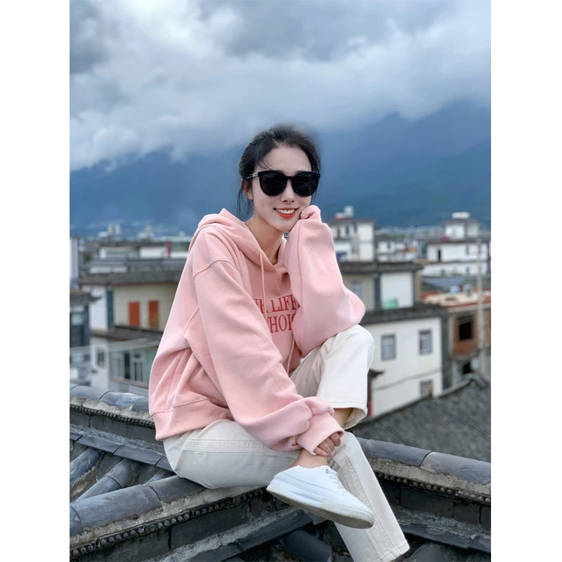 粉色奶fufu连帽短款卫衣女春秋慵懒风小个子奶系穿搭秋季上衣秋冬