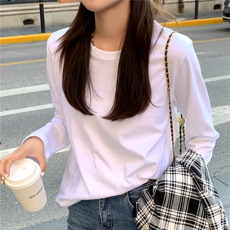 白色长袖T恤女秋冬全棉纯色正肩高级感ins女士加绒上衣纯棉打底衫