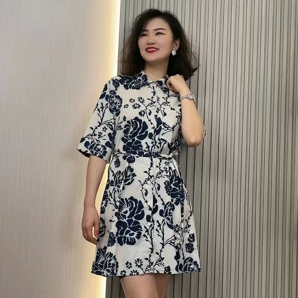 夏季女士显瘦气质时尚复古收腰优雅印花休闲花朵衬衫领系带连衣裙