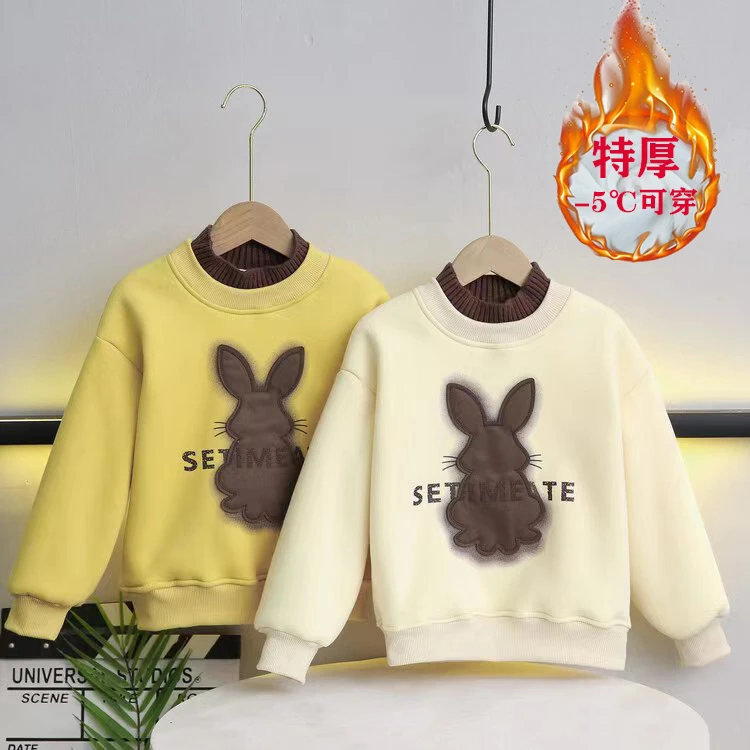 女童羔羔绒卫衣2023冬季新款重大儿童卡通保暖加绒洋气半高领上衣