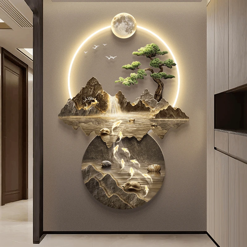 流水生财新中式玄关装饰画展示山水走廊过道挂画护眼灯入户正对门