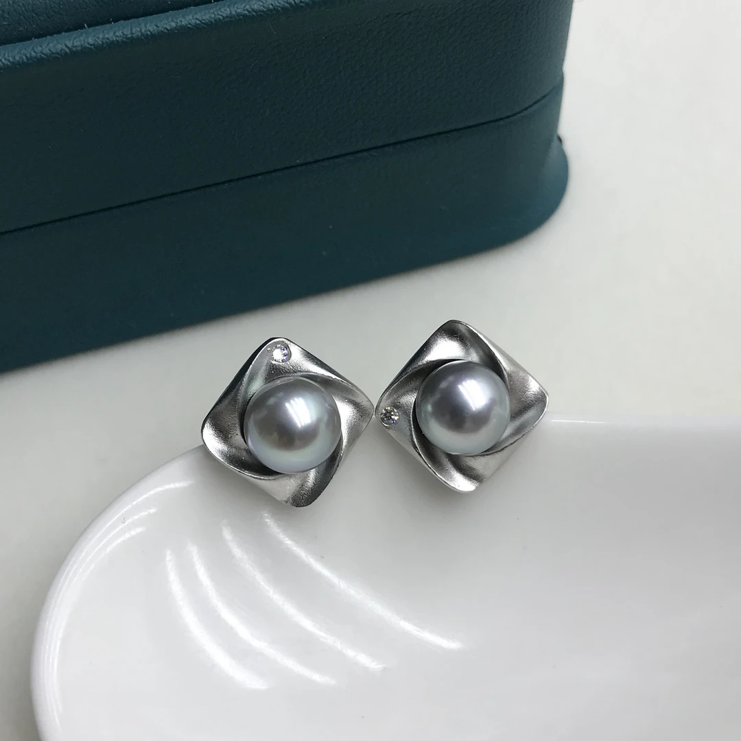 海水akoya真多麻方形耳钉S925时尚百搭7-8mm