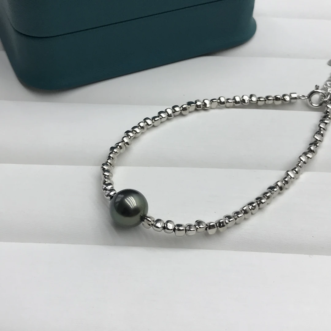 海水大溪地孔雀绿单颗手链S925可调节9-10mm