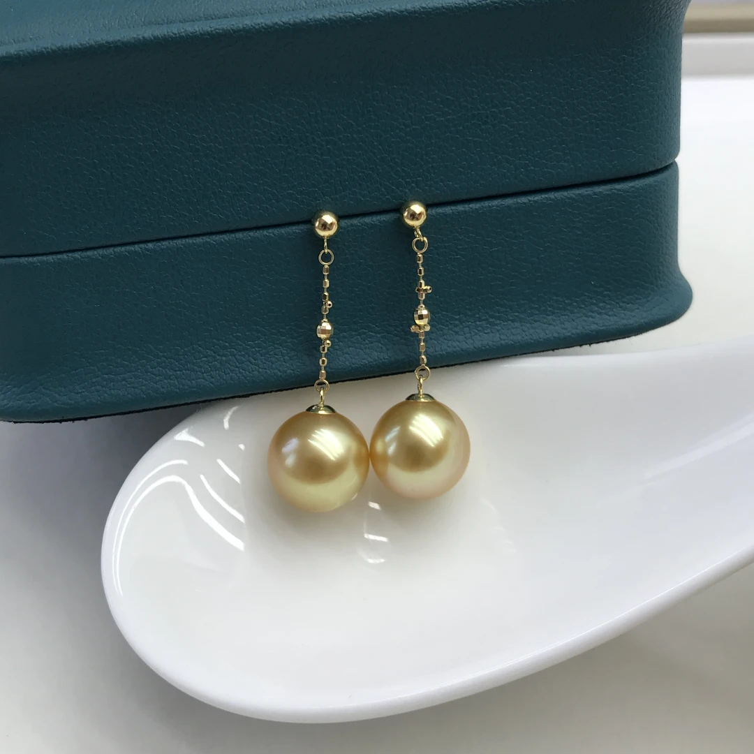 海水金珠仙女耳线18K金浓金气质百搭10-11mm