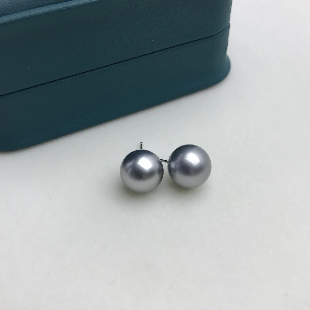 海水大溪地铂金灰素耳钉18K金经典百搭10-11mm