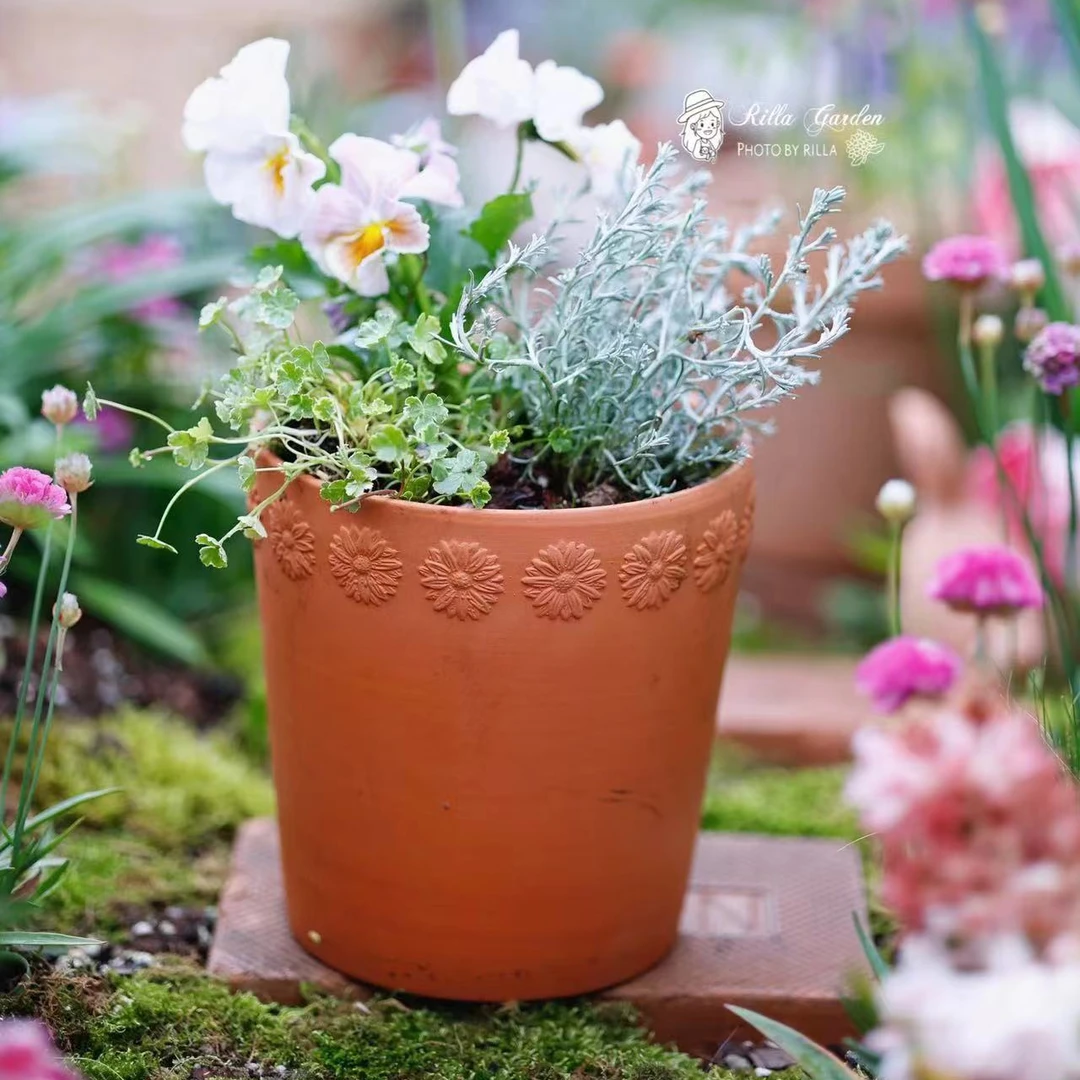红陶土1028浮雕花盆 酢浆草多肉专用 透气绿植红陶盆手工仙女