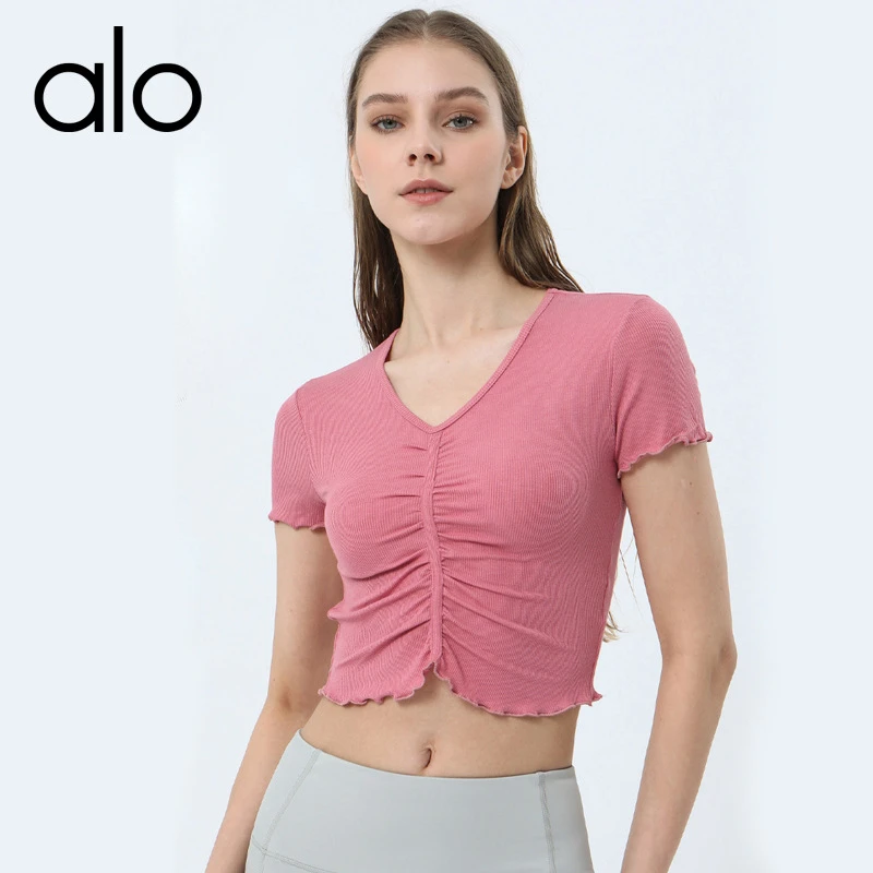 alo yoga新品褶皱花边V领瑜伽服短袖T恤上衣女健身服运动上衣短款
