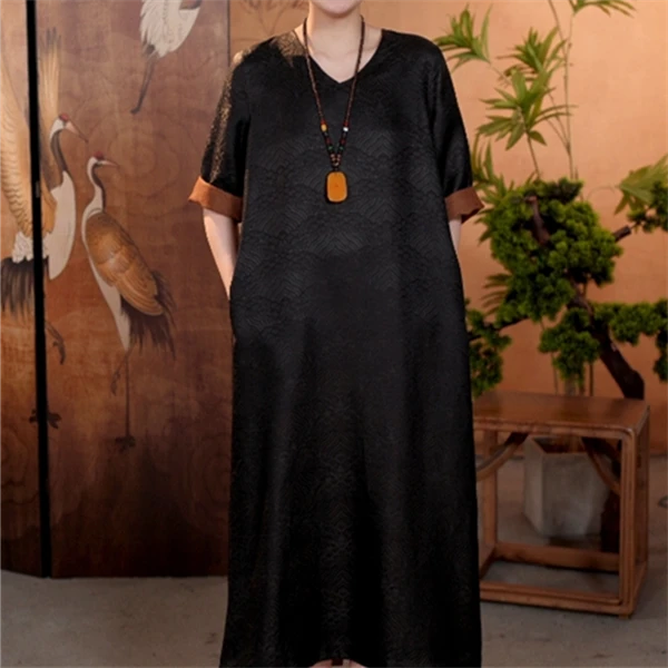 芹 新中式 宋锦 连衣裙 297024 黑色 L