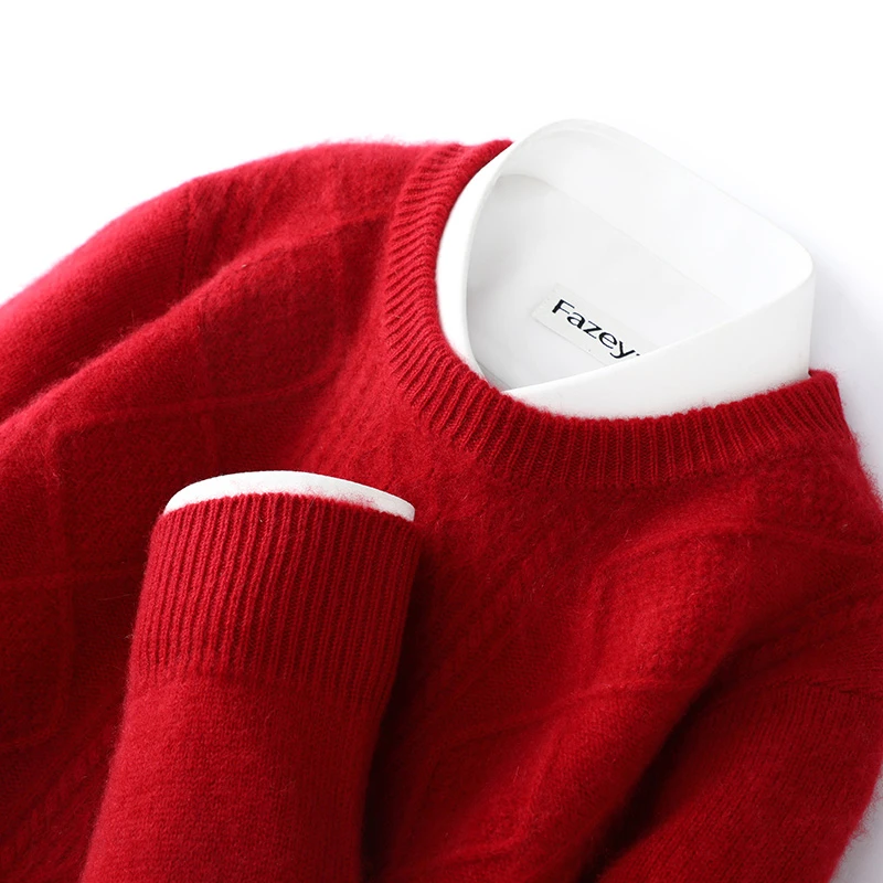 本命年龙年~男士羊毛衫圆领加厚针织套头毛衣秋冬新款红色打底衫