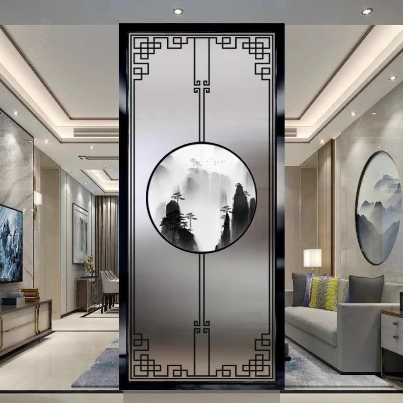 玻璃屏风不锈钢简约新中式入户门玄关客厅铁艺遮挡隔断墙装饰定制