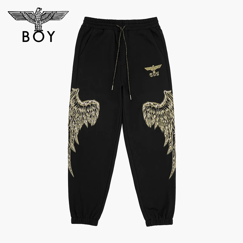 BOYLONDON针织长裤情侣同款重工卫裤黑色抽绳束脚休闲裤春 N15004