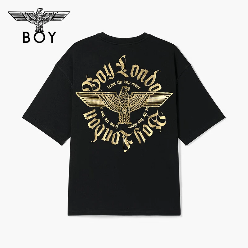BOYLONDON夏季潮流短袖男女同款闪粉烫金印花黑色圆领T恤N01805